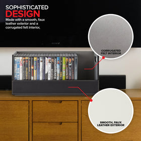 Stock Your Home box stacked with CDs shows modular interlocking design