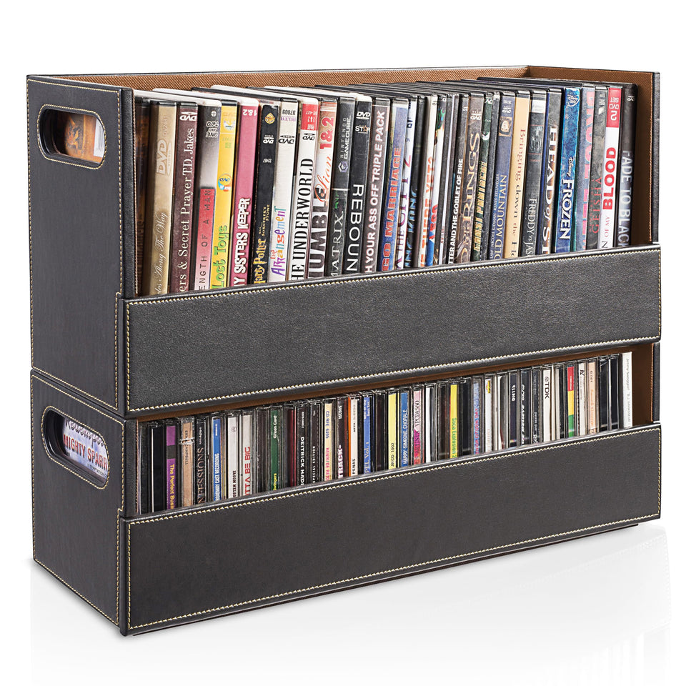 Stock Your Home front view showing DVD tray and neat case storage benefit