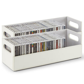 Stock Your Home front view of white faux-leather boxes showing neat organization benefit