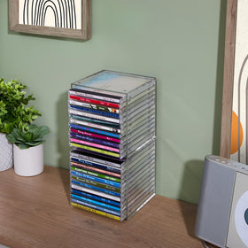 STORi stackable design with circular feet provides stable storage for media.