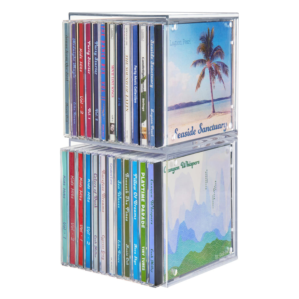 STORi stackable CD organizers in cube design maximize shelf space.