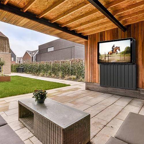 Storm Shell wall-mounted setup illustrates space-saving outdoor TV solution.