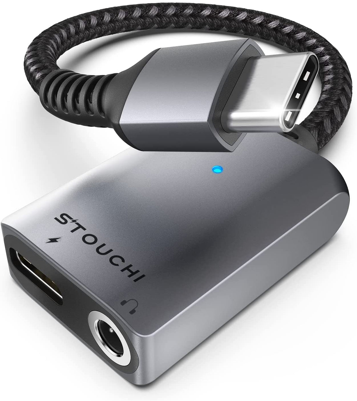 Stouchi 2-in-1 USB-C to 3.5mm DAC adapter with high-fidelity audio on iPhone and Android.