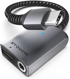 Stouchi 2-in-1 USB-C to 3.5mm DAC adapter with high-fidelity audio on iPhone and Android.