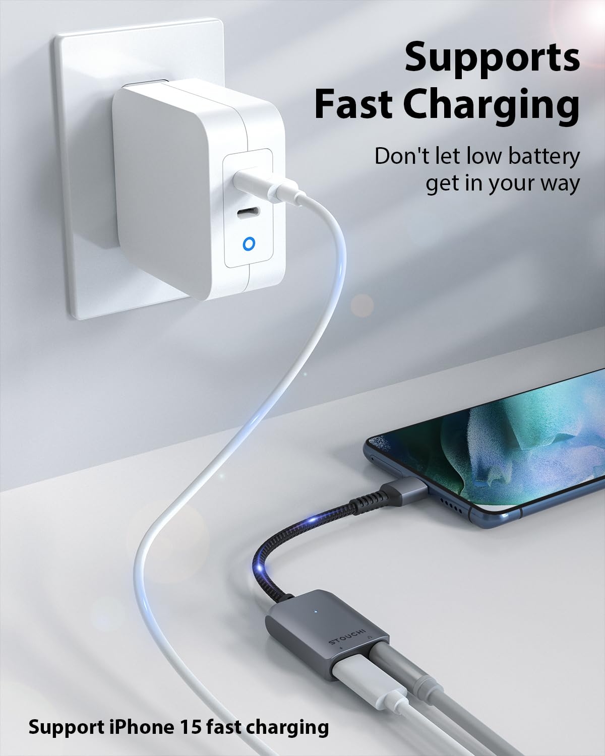 Stouchi PD fast-charging feature keeps your device powered while you listen.