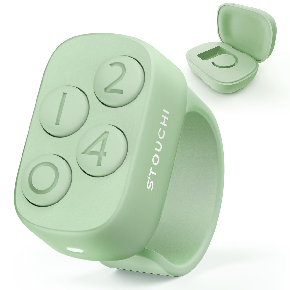 stouchi ring front packaging showing green ring and charging case, clear branding and benefit