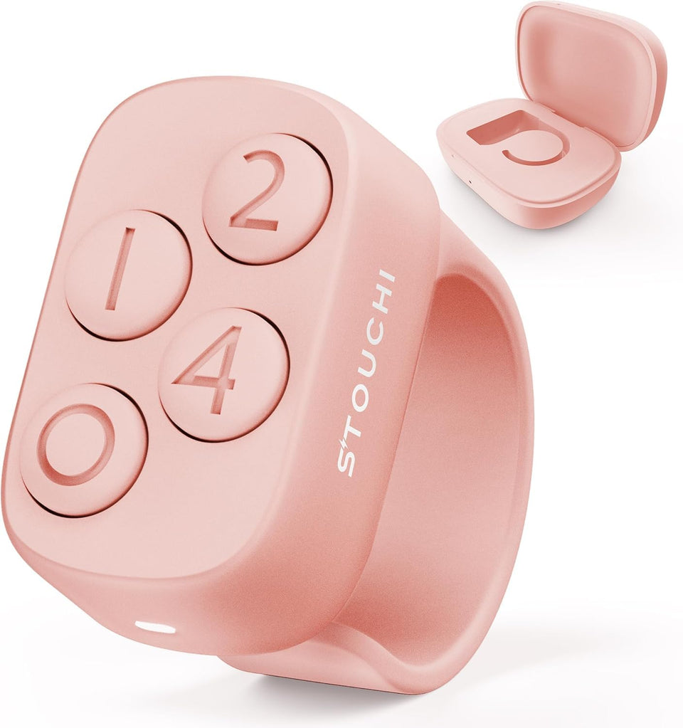 Stouchi ring front view showing buttons and pink finish, brand improves study speed