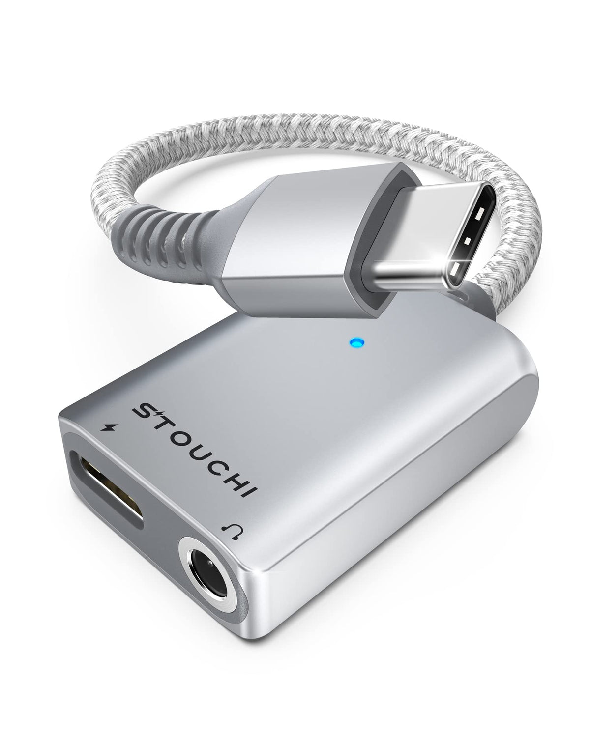 Stouchi USB-C to 3.5mm adapter front view showing compact 2-in-1 design