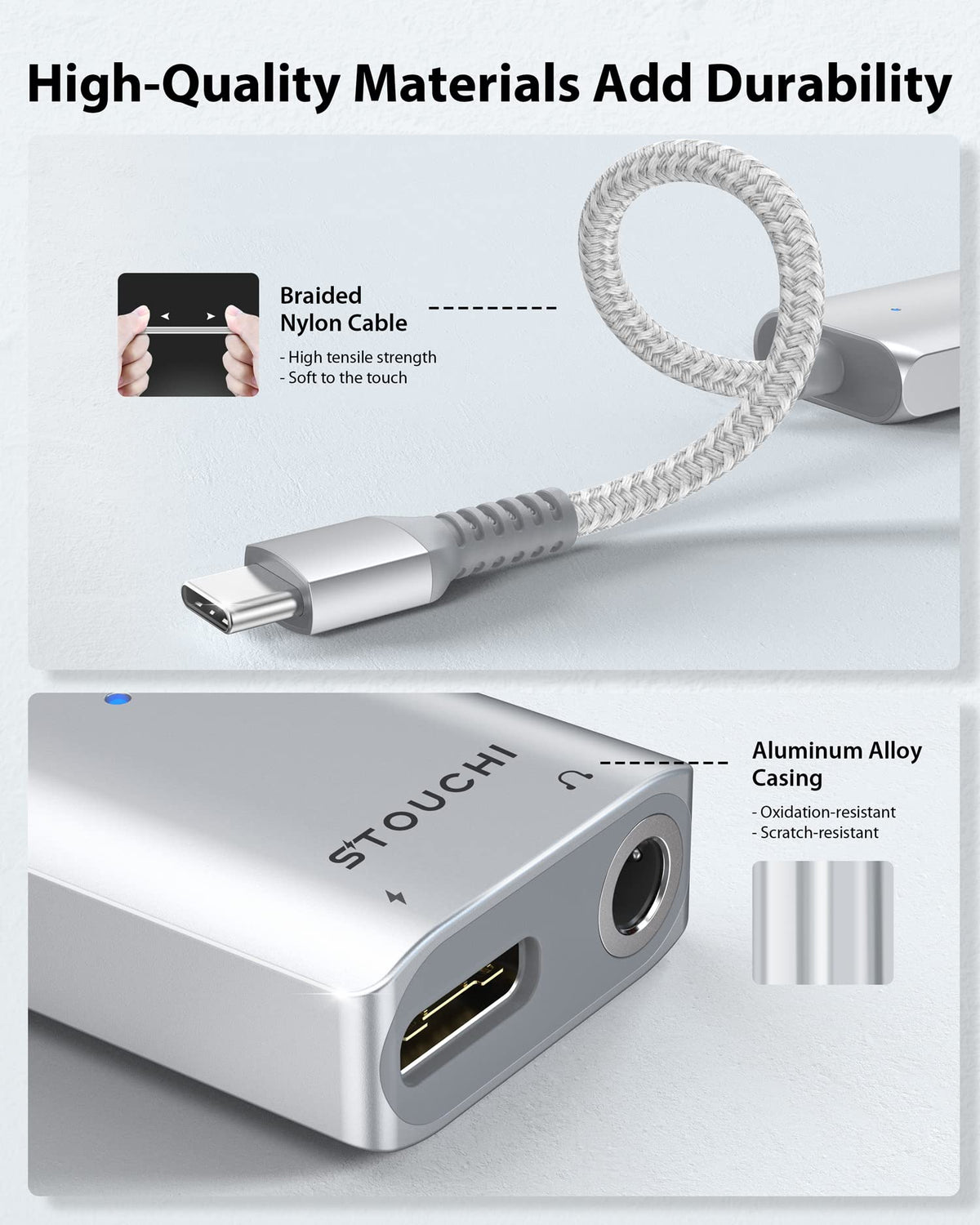 Stouchi adapter in use on a phone for simultaneous listening and charging