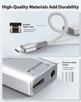 Stouchi adapter in use on a phone for simultaneous listening and charging