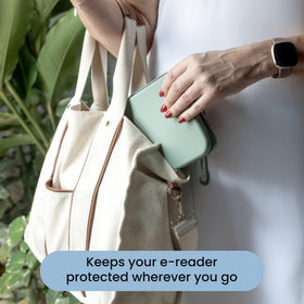 Inside view of Strapsicle clutch showing compact storage for e-reader and essentials.
