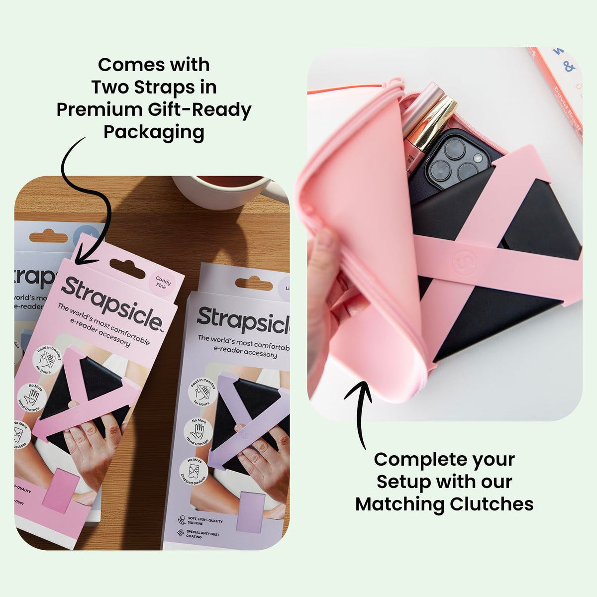 Strapsicle in-use reading pose supports steady hold.