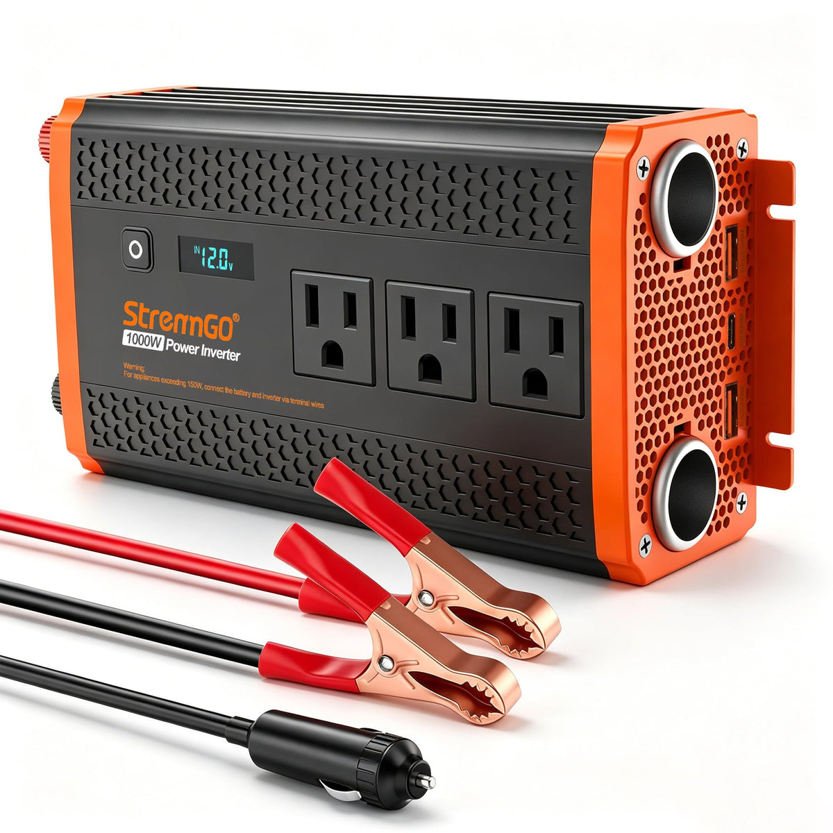 StrenrmGO 1000W inverter front view for on‑road power and charging