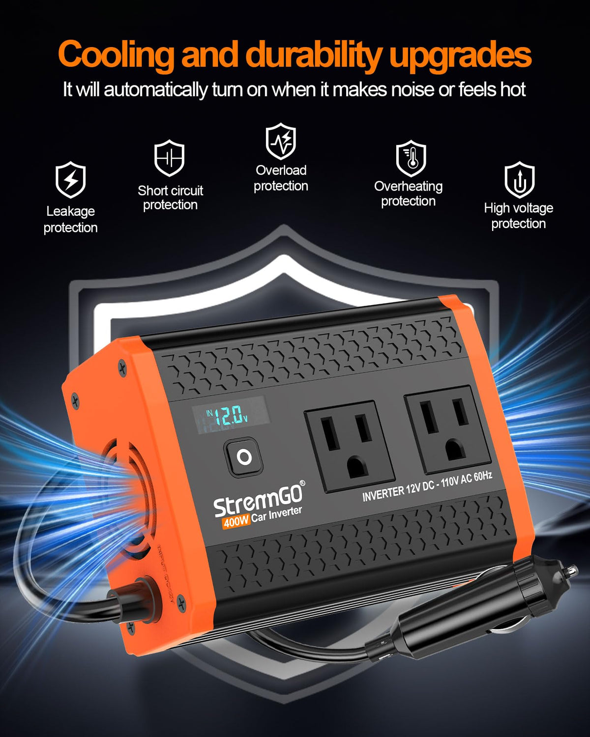 StrenrmGO 400W inverter packaging with manual and warranty info