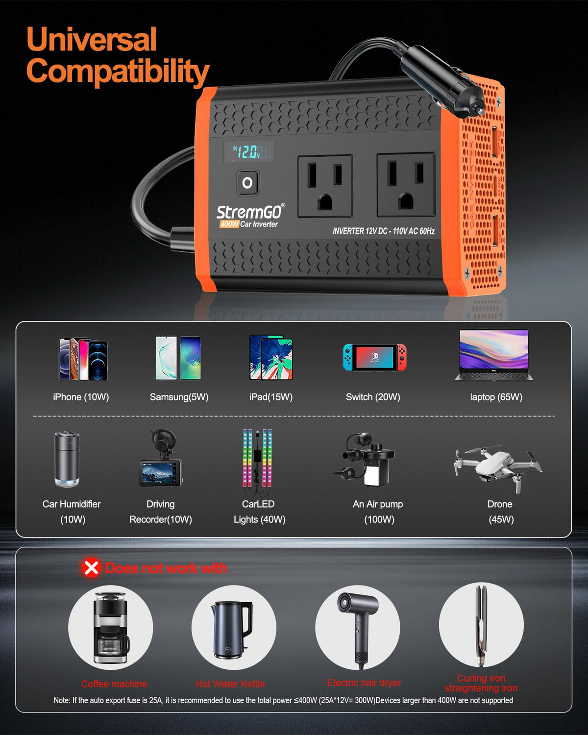 StrenrmGO 400W inverter road-trip setup powering multiple devices