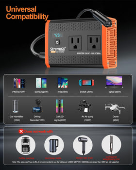 StrenrmGO 400W inverter road-trip setup powering multiple devices