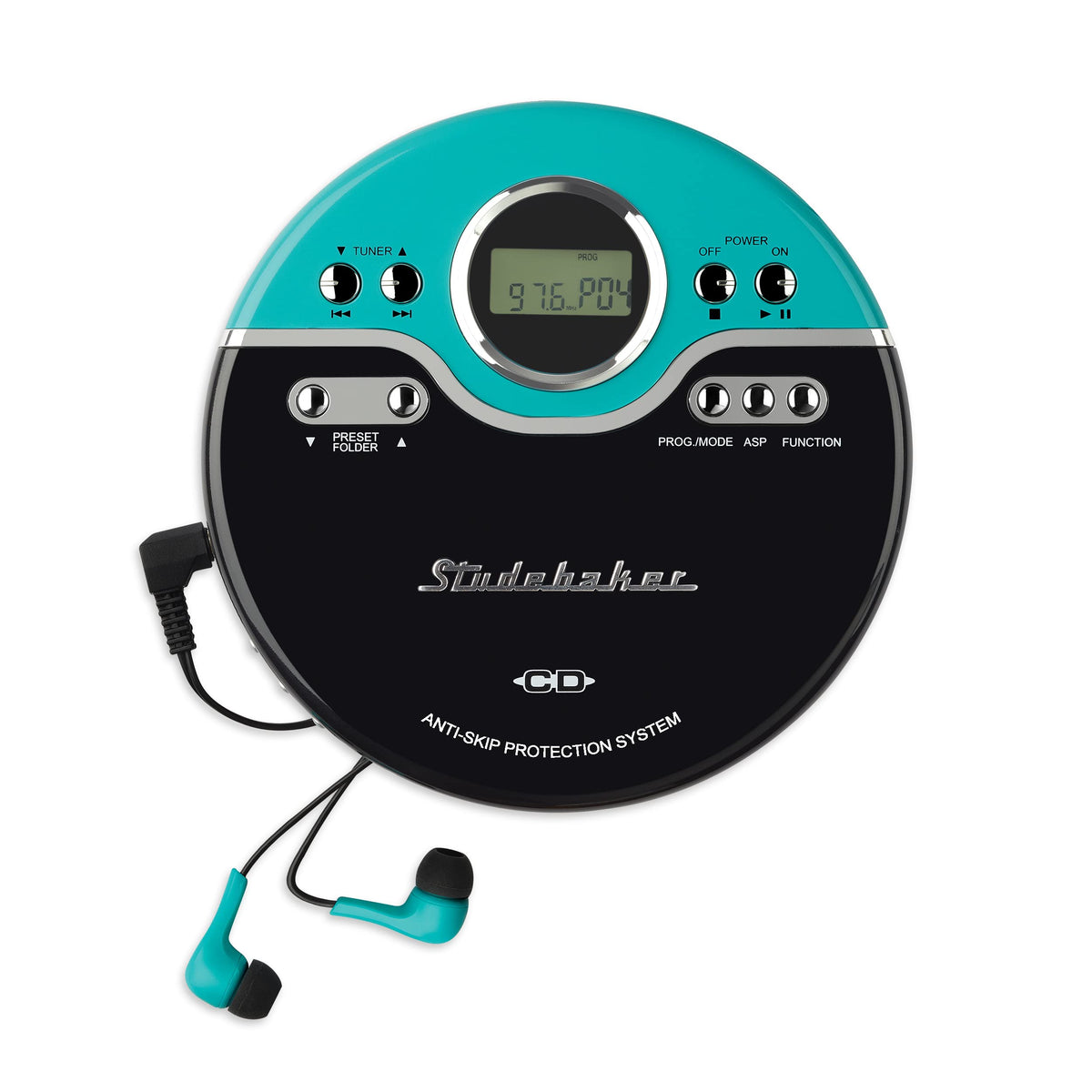 Studebaker front view in vintage turquoise showing compact retro design and portability
