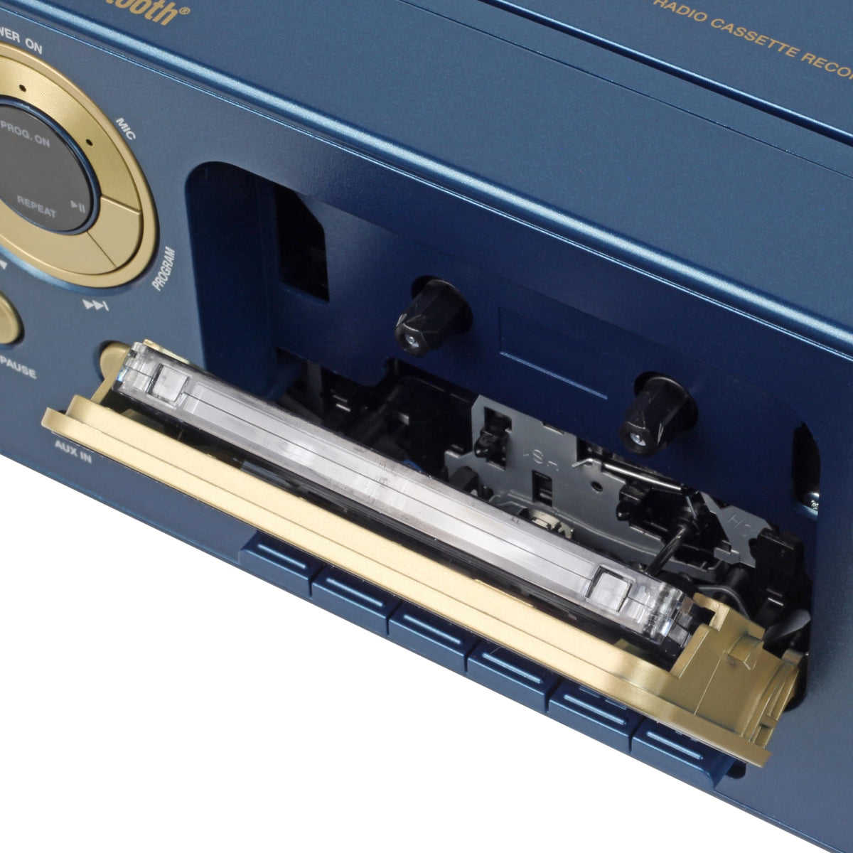 Studebaker blue cassette slot with auto-stop for convenient tape playback