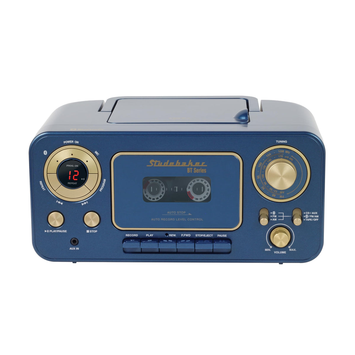Studebaker blue portable CD player controls for Bluetooth streaming and radio