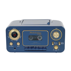 Studebaker blue portable CD player controls for Bluetooth streaming and radio