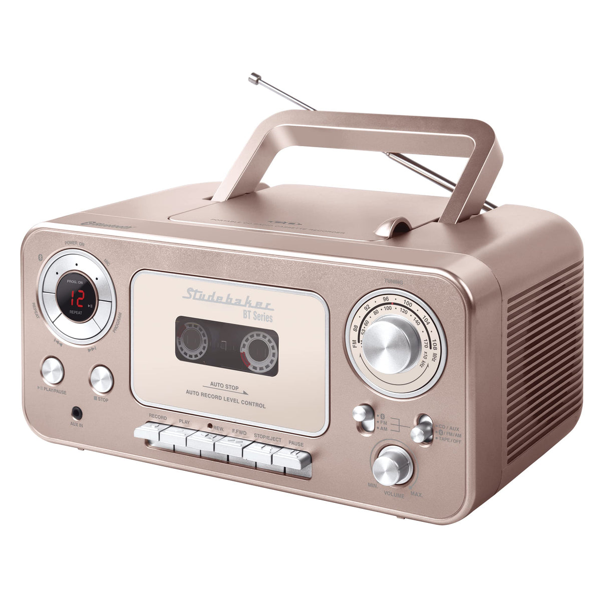 Studebaker Rose Gold portable stereo with Bluetooth streaming for wireless listening