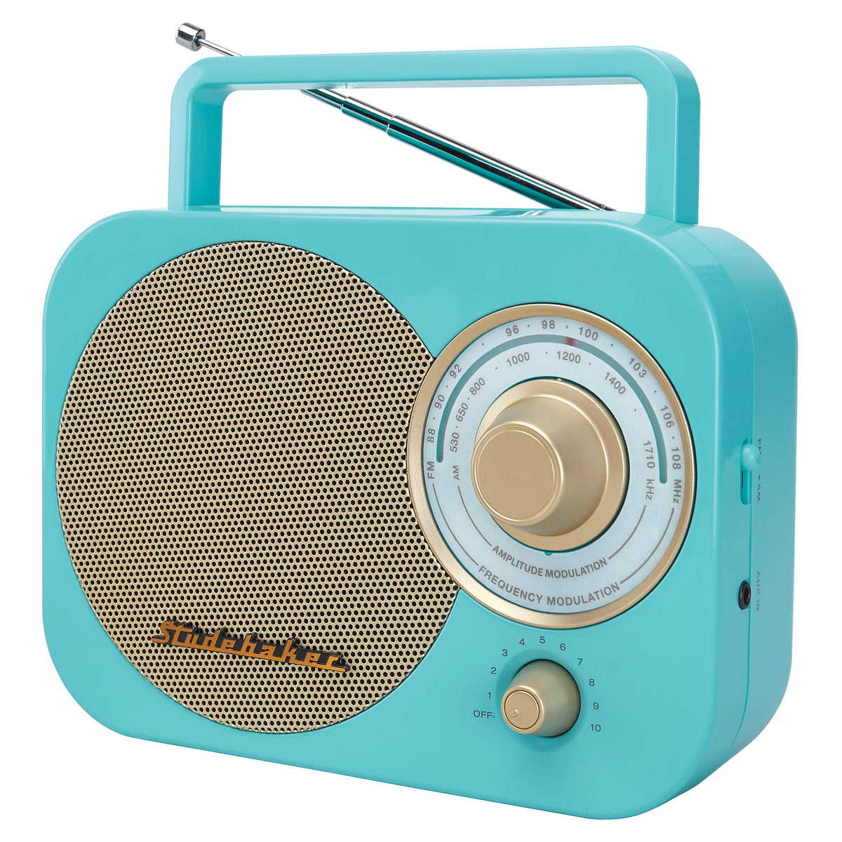 Studebaker SB2000TG front view with turquoise-gold retro styling for nostalgic listening at home
