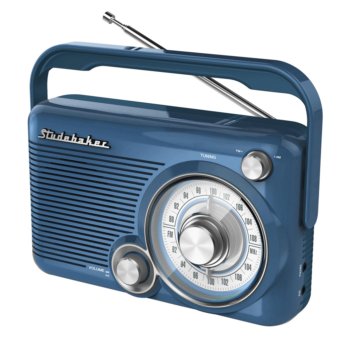 Studebaker SB2002BL portable radio front view showing compact blue enclosure for desks or shelves.
