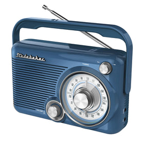 Studebaker SB2002BL portable radio front view showing compact blue enclosure for desks or shelves.