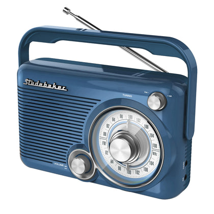 Studebaker SB2002BL portable radio front view showing compact blue enclosure for desks or shelves.