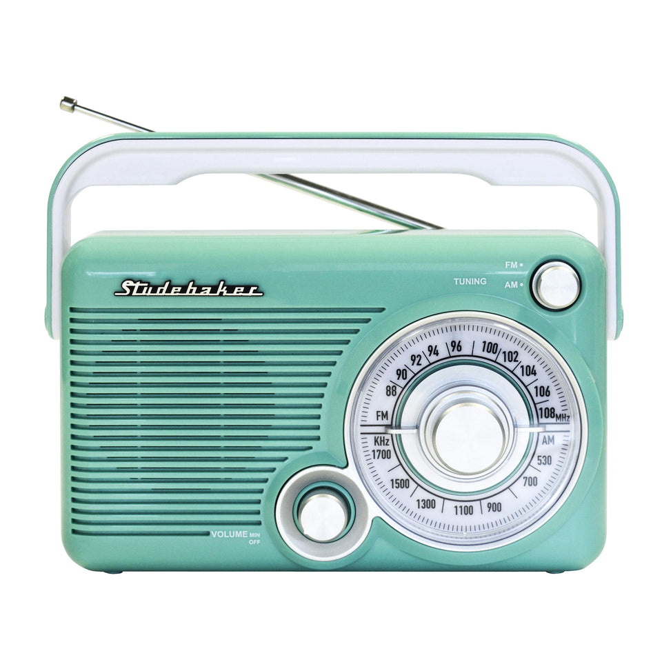 Studebaker SB2002TE front view in teal and white, compact for home listening
