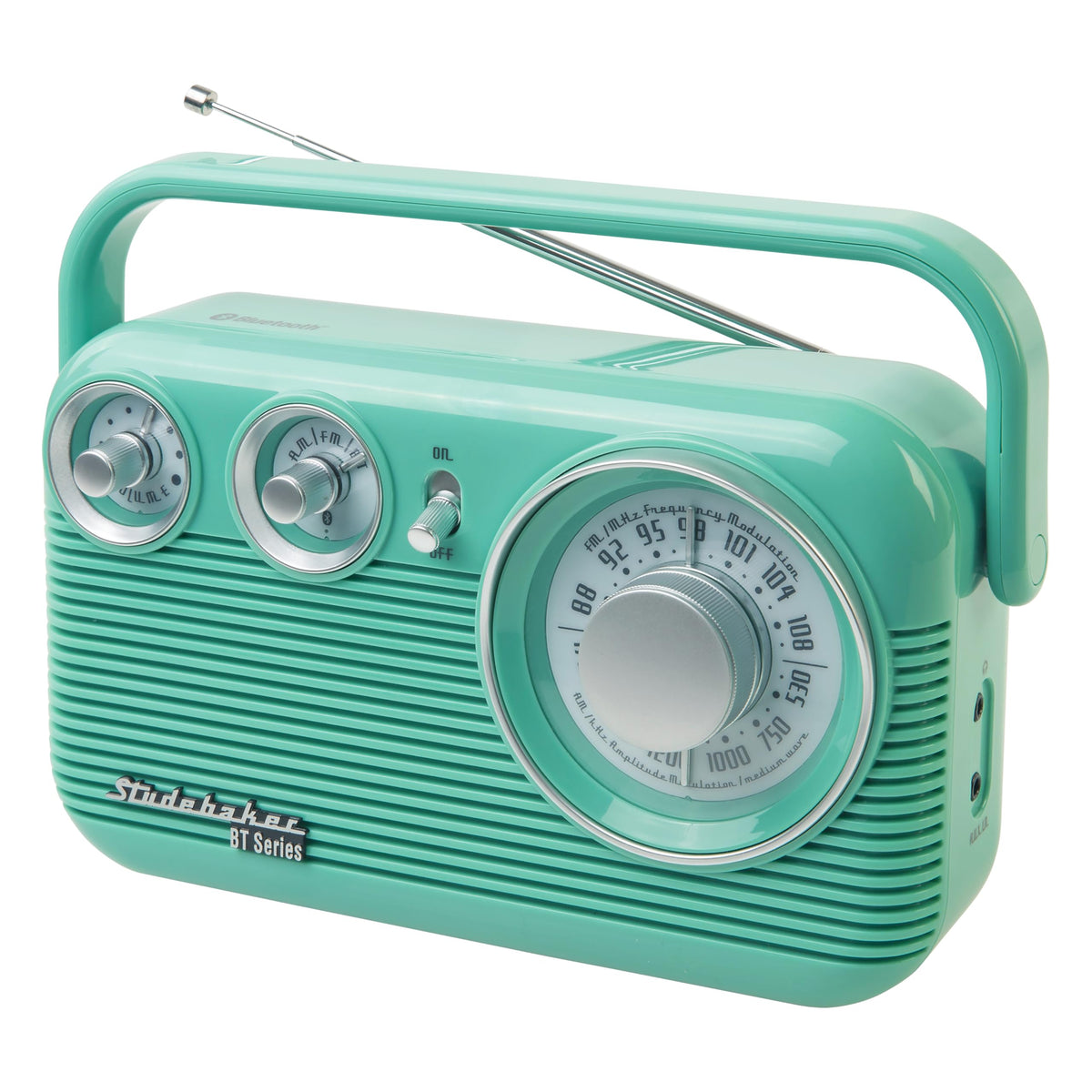 Studebaker teal radio front view showing retro styling and clear controls for easy use