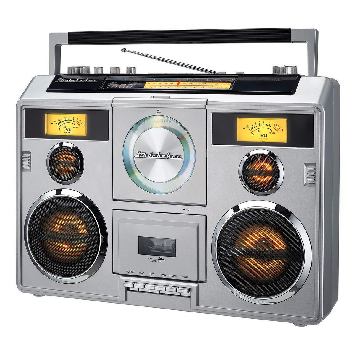 Studebaker Sound Station front panel with CD, tape, and radio controls for easy operation.