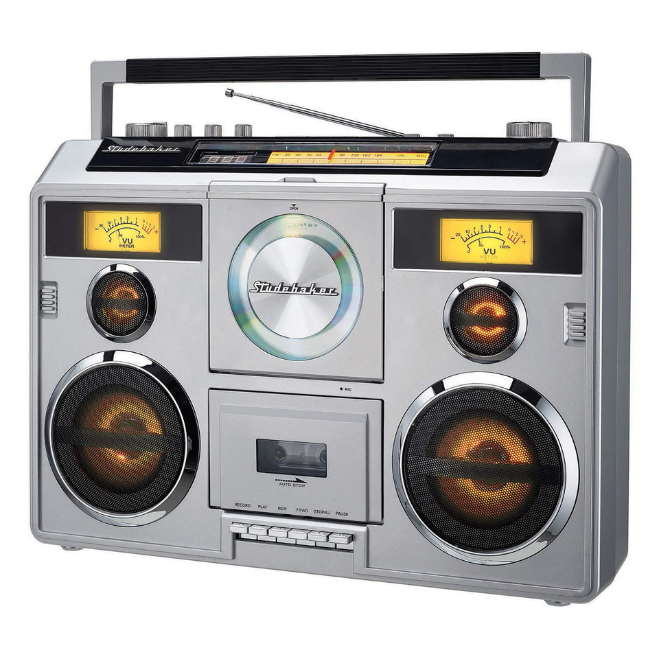 Studebaker Sound Station front panel with CD, tape, and radio controls for easy operation.
