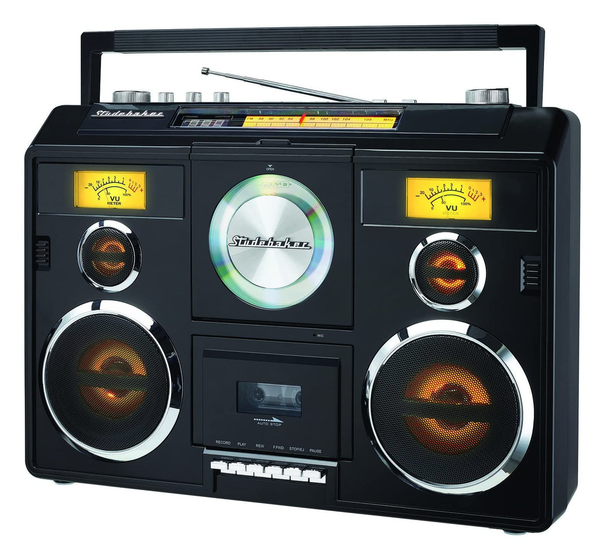 Studebaker Sound Station front view with retro design and dual 5W channels.
