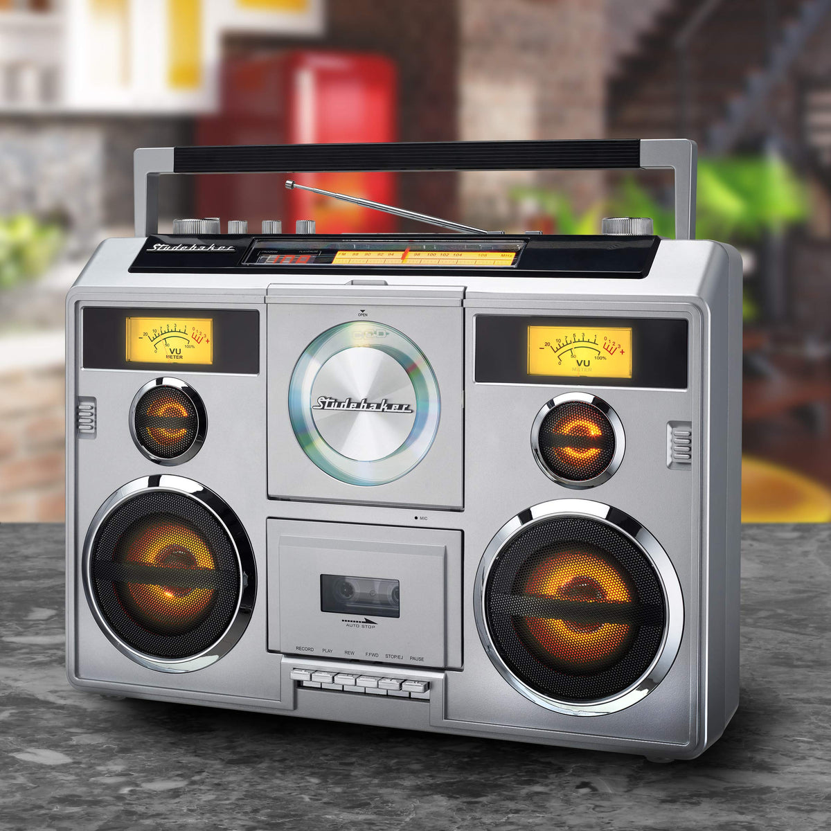 Studebaker Sound Station rechargeable battery enables portable playback when away from outlets.