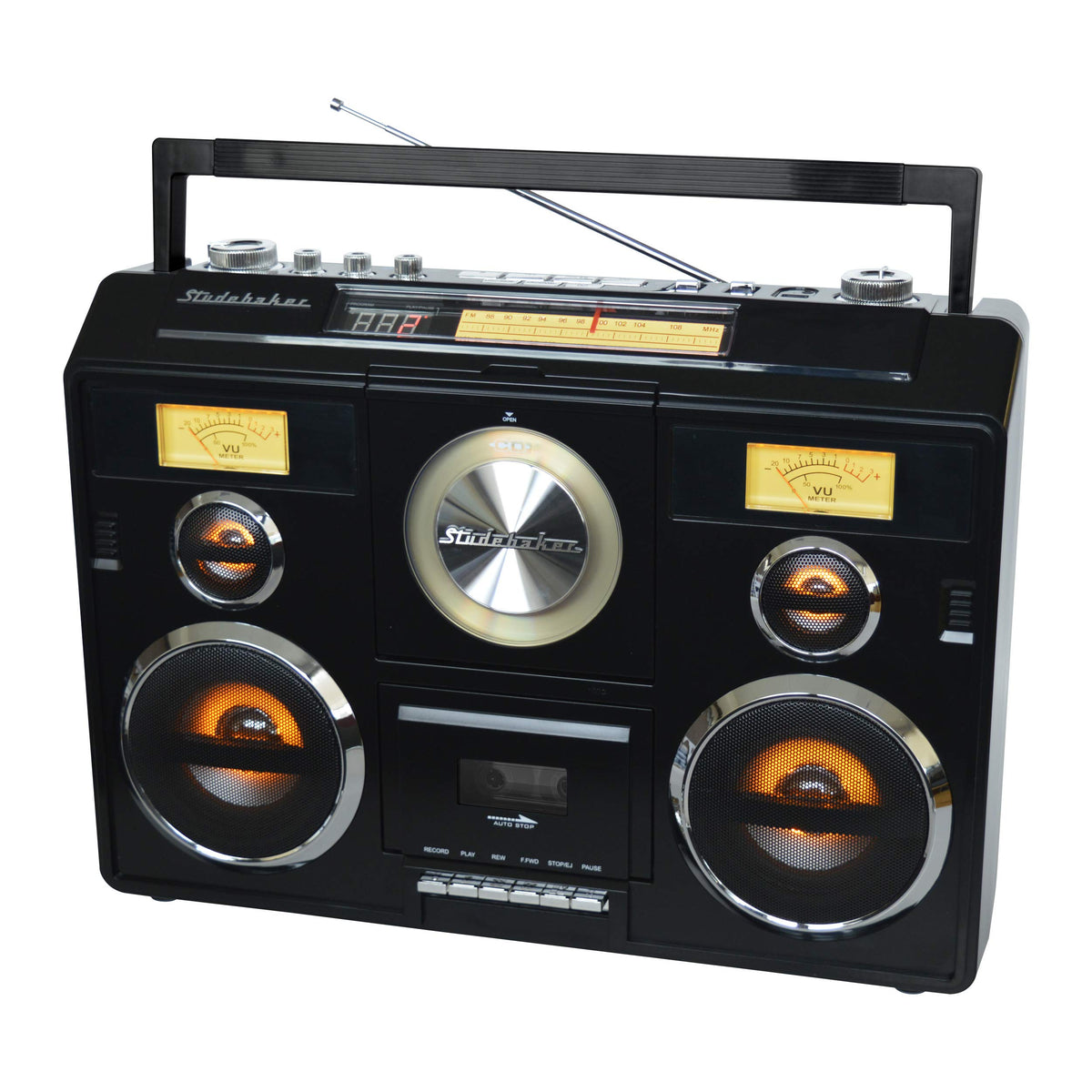 Studebaker Sound Station top controls highlighting CD, Bluetooth, and cassette options.