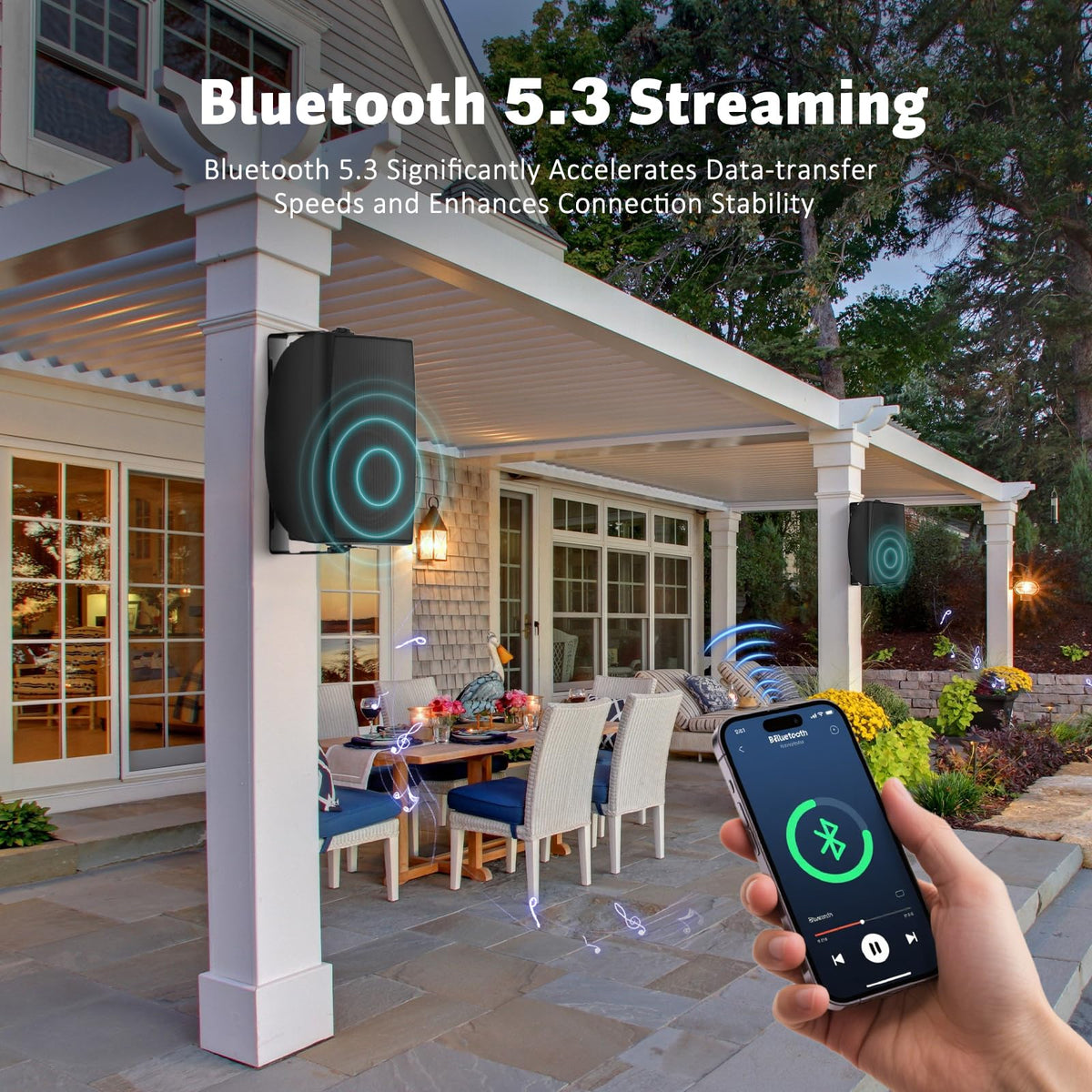 Studiofinix 180-degree swivel brackets allow precise aiming for patios and pools.