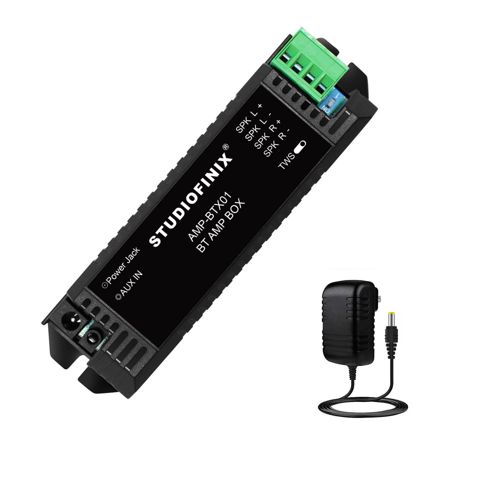 Studiofinix 2-channel mini Bluetooth amplifier ready for wall mounting, delivering flexible stereo sound