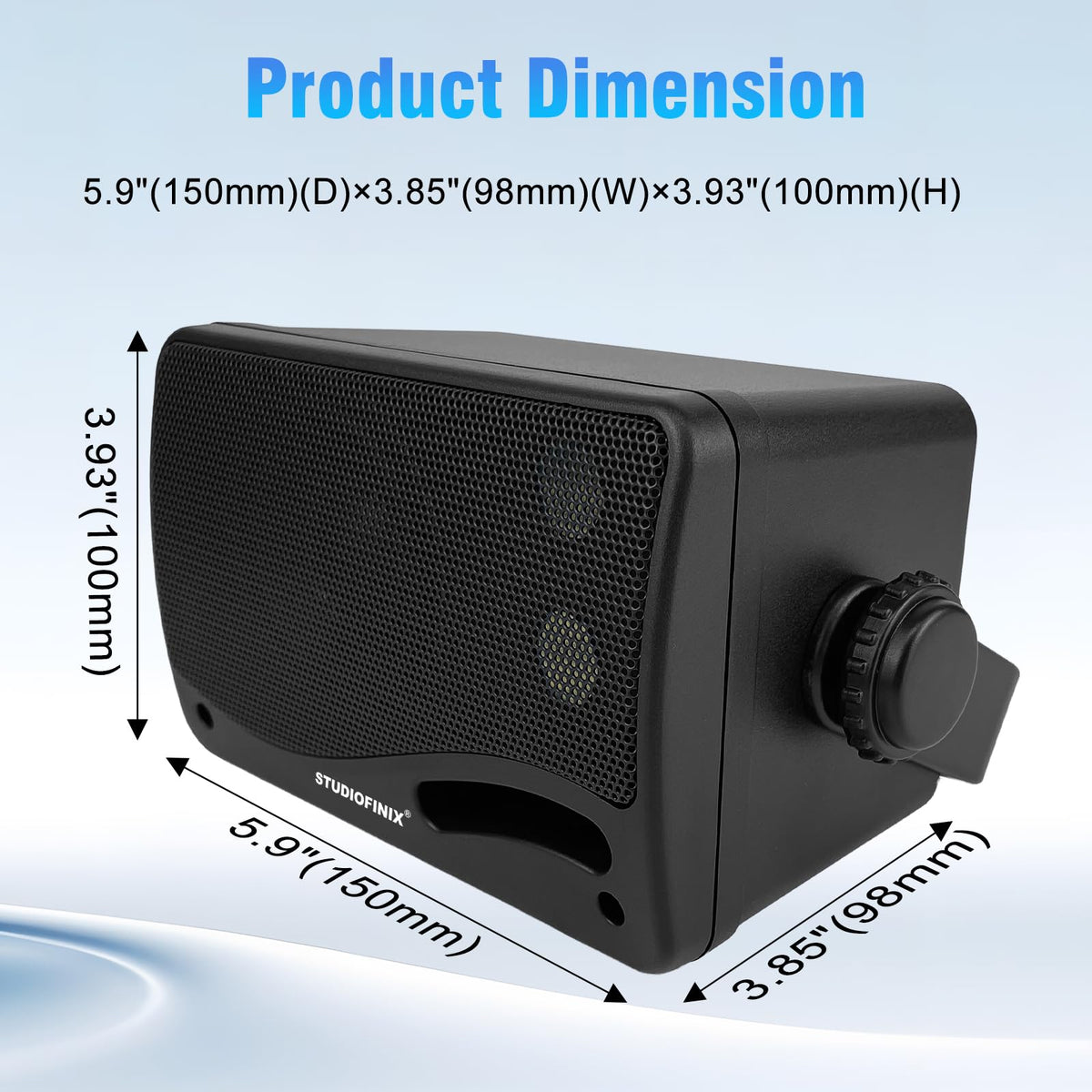 STUDIOFINIX 3-way speaker close-up reveals dome tweeter and midrange.