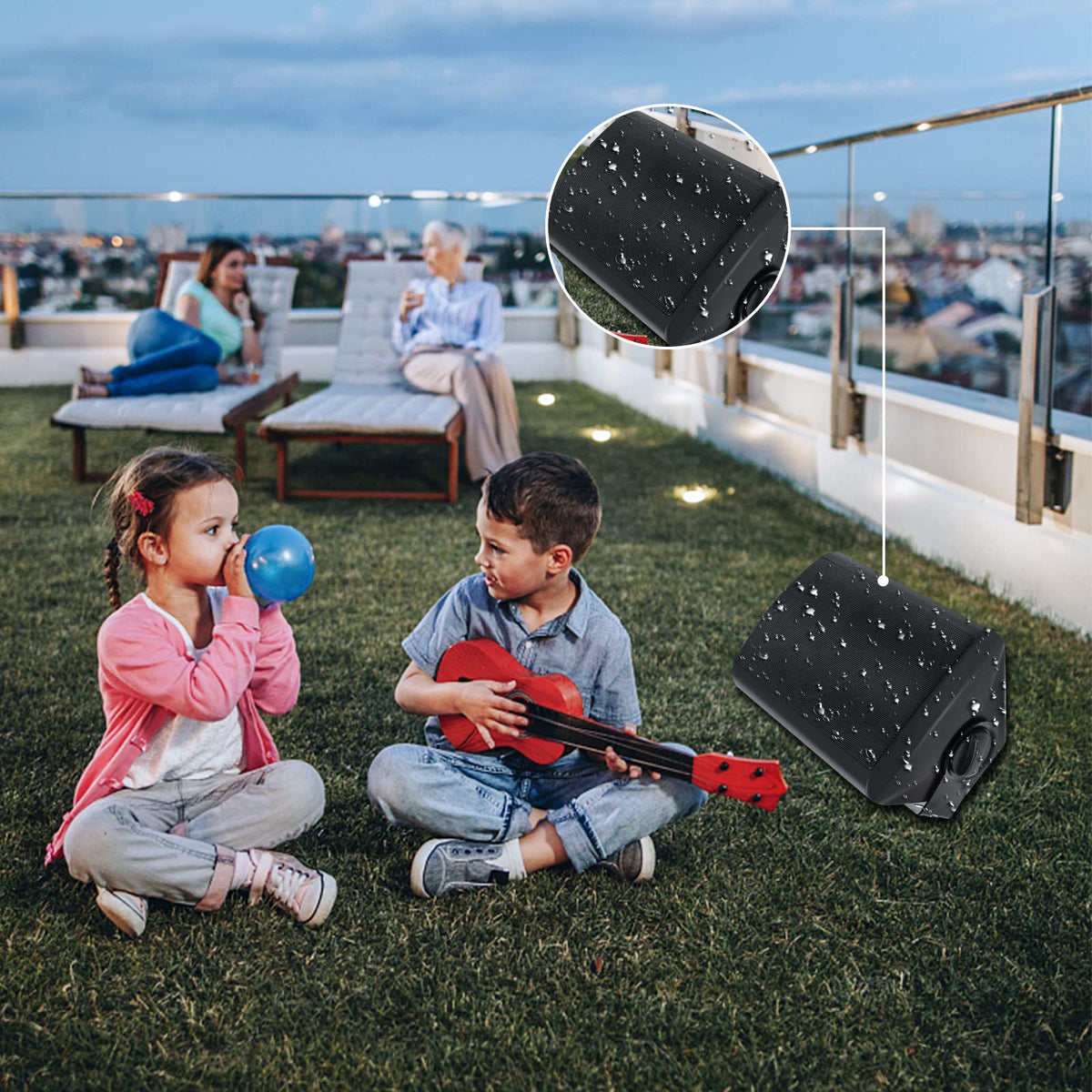 STUDIOFINIX four-pack outdoor speakers installed on a wall.