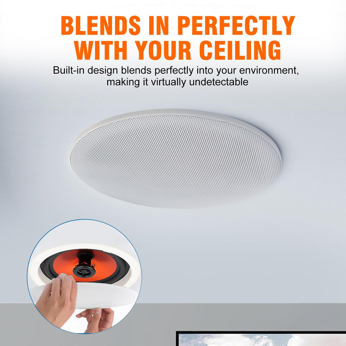 StudioFinix 8in ceiling speaker side profile showing flush mount design