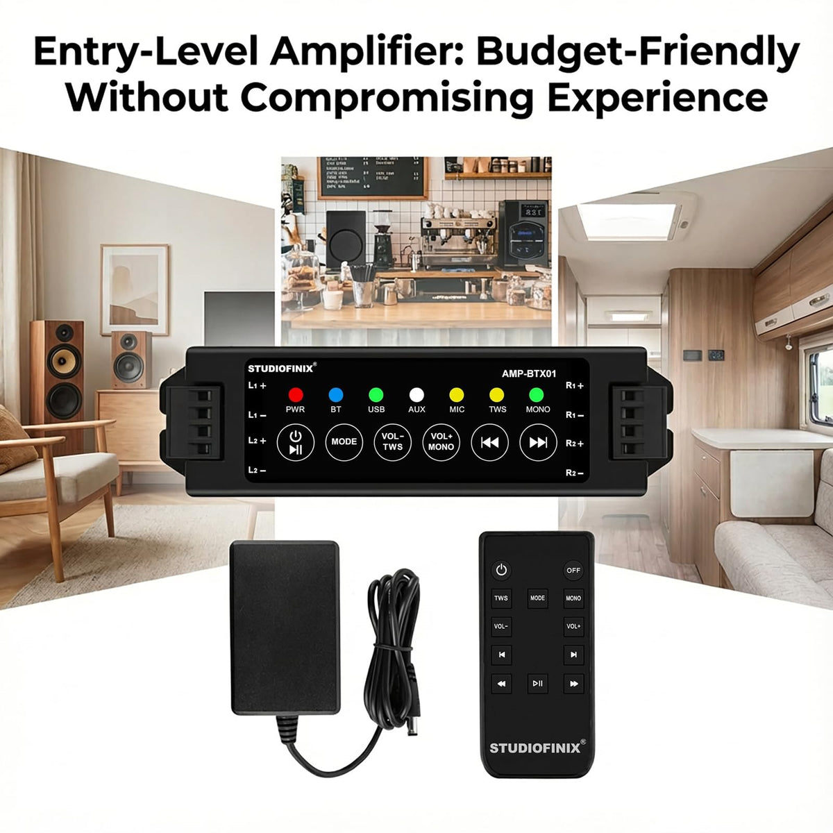 STUDIOFINIX powering ceiling speakers in living room for even distributed audio benefit