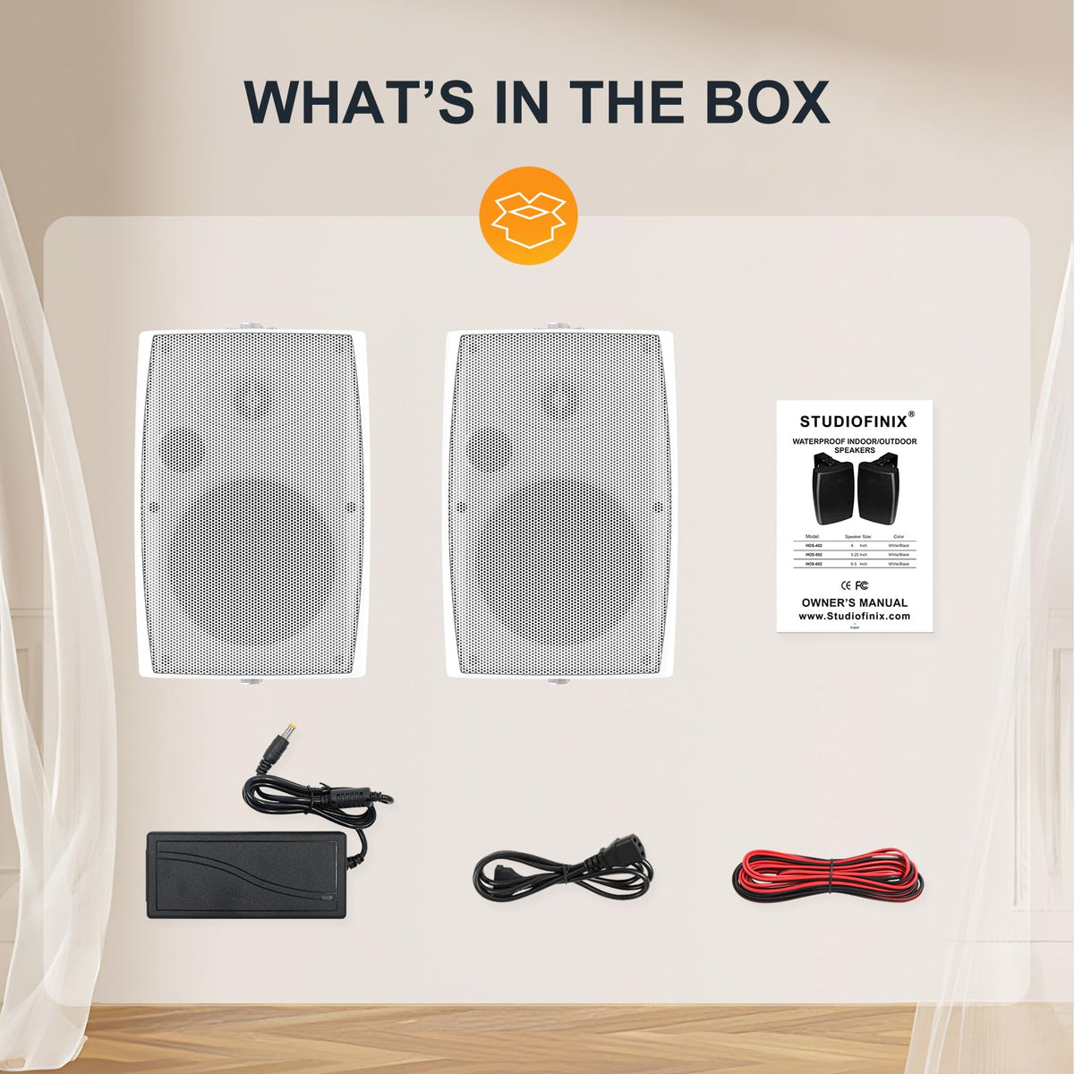 STUDIOFINIX compact dimensions show size of outdoor speakers