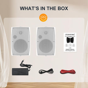 STUDIOFINIX compact dimensions show size of outdoor speakers