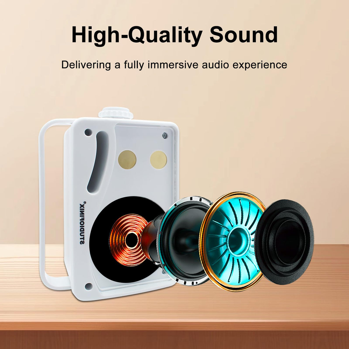 STUDIOFINIX driver and tweeter close-up showing 3-way components for accurate audio