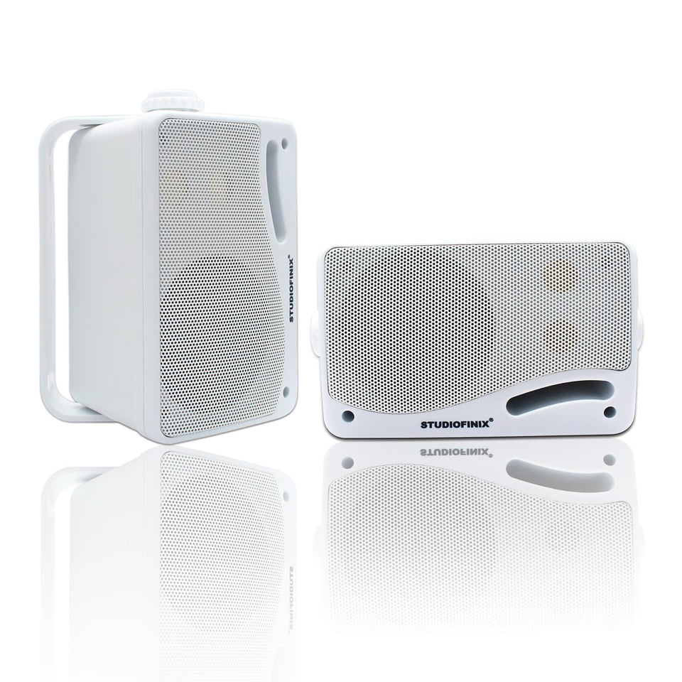 STUDIOFINIX front-facing speaker showing waterproof grill and reliable outdoor finish