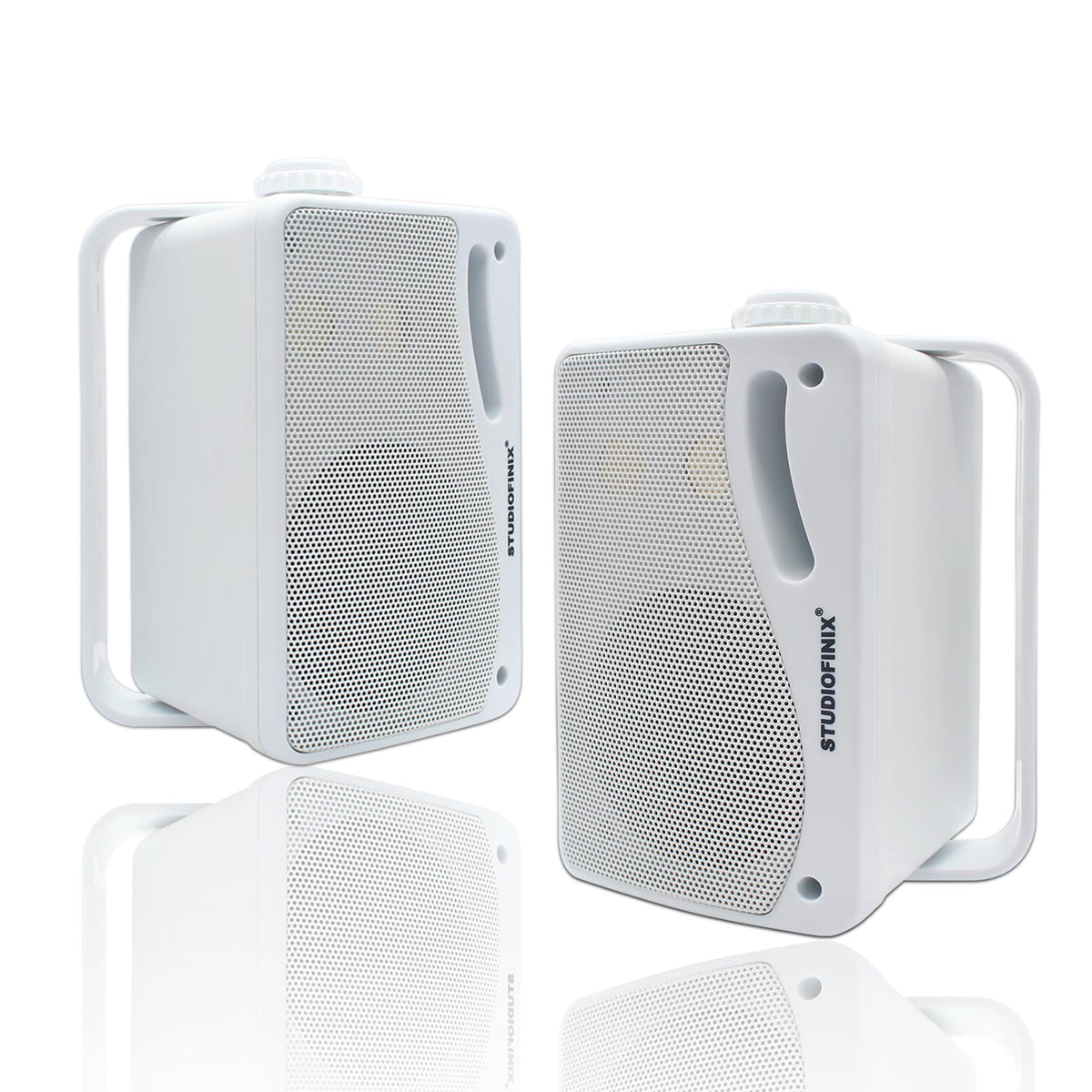 STUDIOFINIX front view showing white outdoor speaker with weatherproof grill benefit clear sound