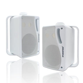 STUDIOFINIX front view showing white outdoor speaker with weatherproof grill benefit clear sound