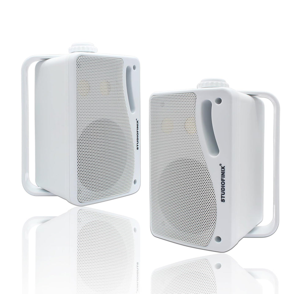 STUDIOFINIX front view showing white outdoor speaker with weatherproof grill benefit clear sound