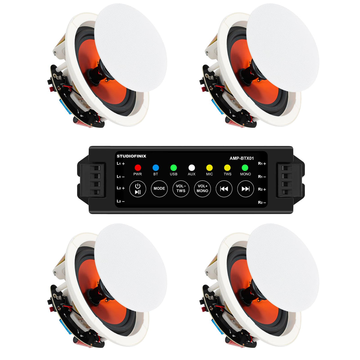 STUDIOFINIX front packaging showing complete 4-speaker kit and amplifier benefits